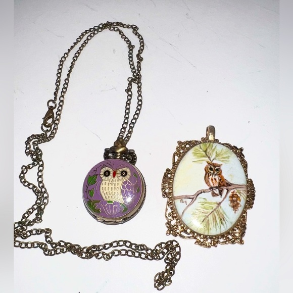 Owl Necklace Watch Locket on Chain Hand Paint Antique Owl Pendant Bundle - Picture 1 of 9